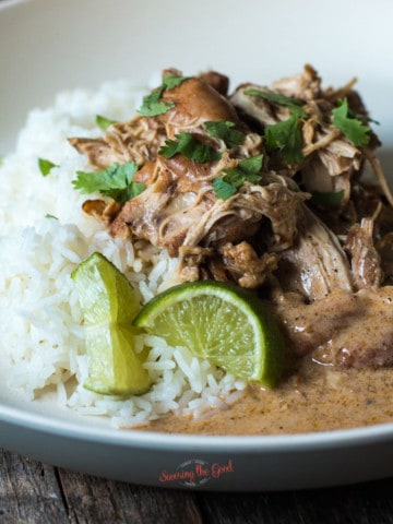 cilantro lime chicken slow cooker with rice and lime garnishes on a plate