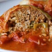 stuffed cabbage roll , tight shot with sauce