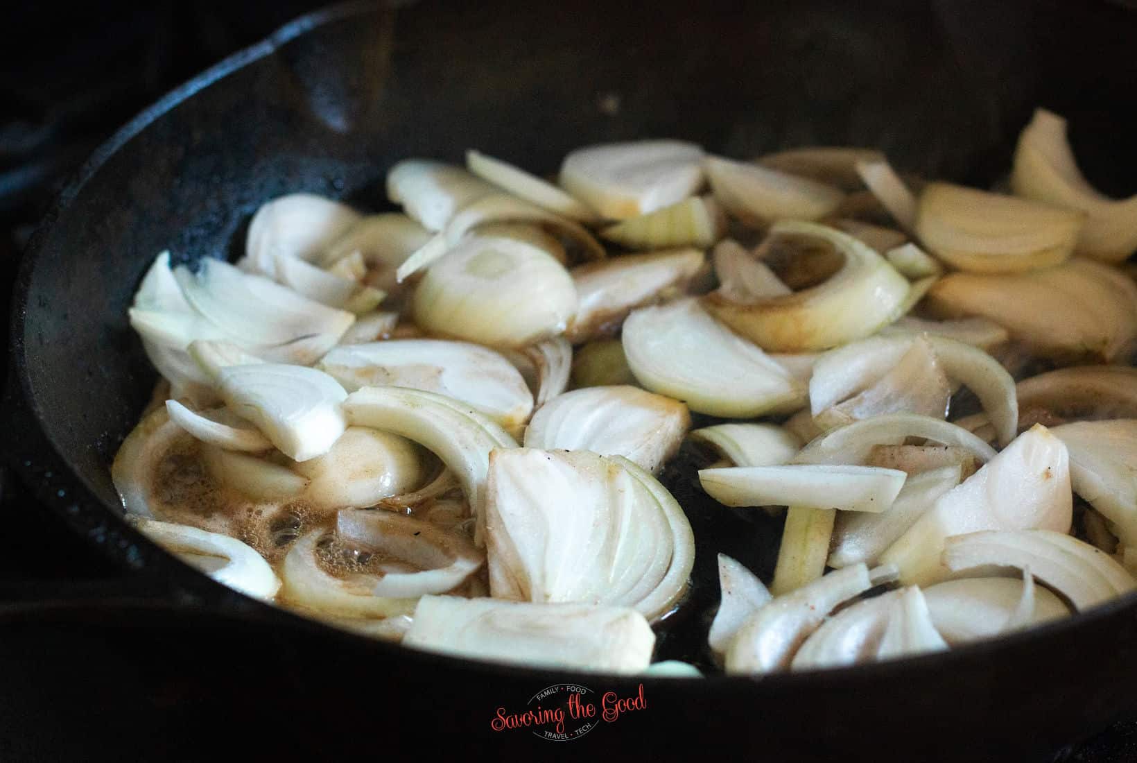 Sauteeing onions in a cast iron pan