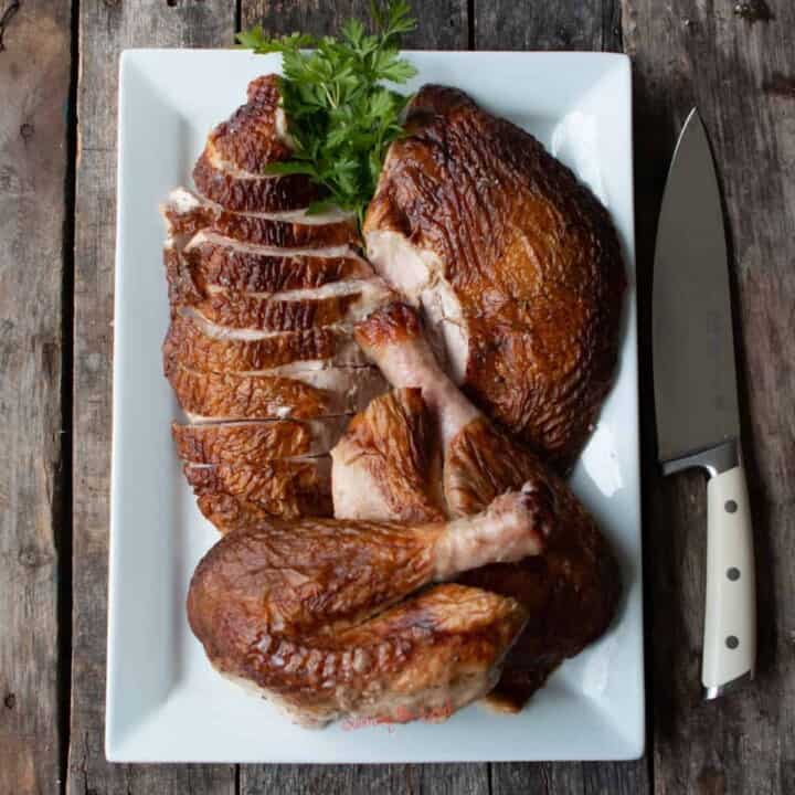 entire turkey carved and arranged on a white plater