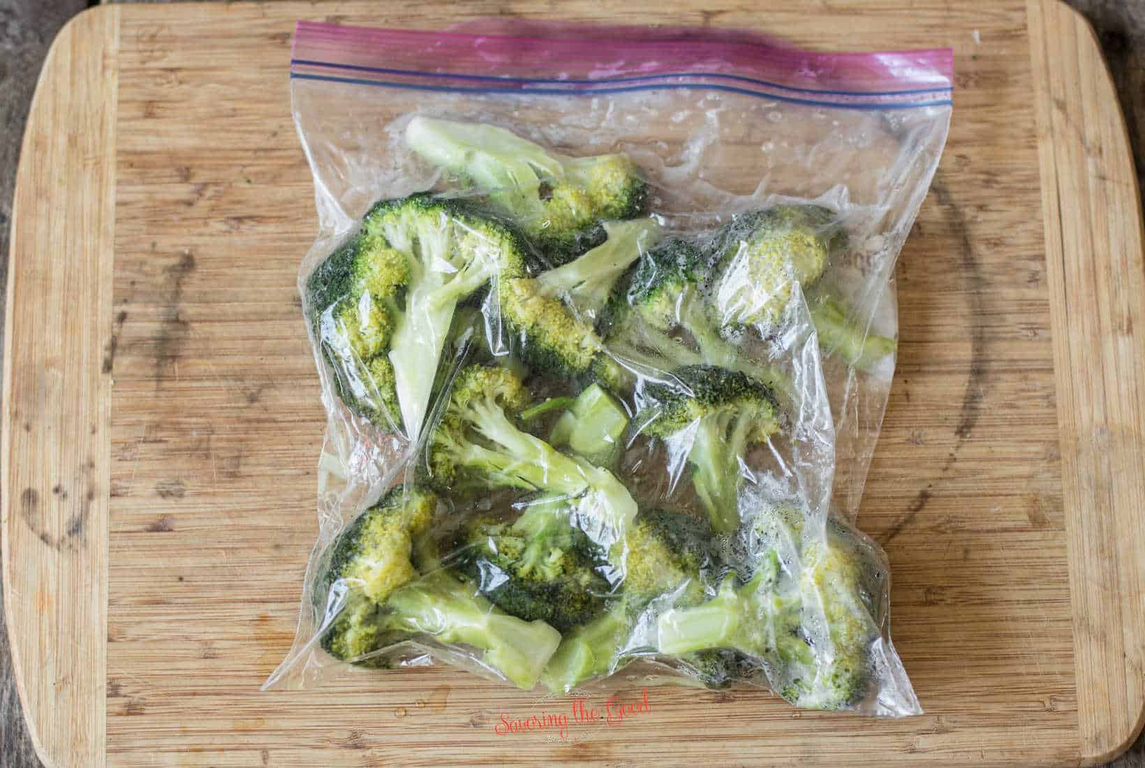 broccoli cooked with the sous vide method in a gallon zip top bag