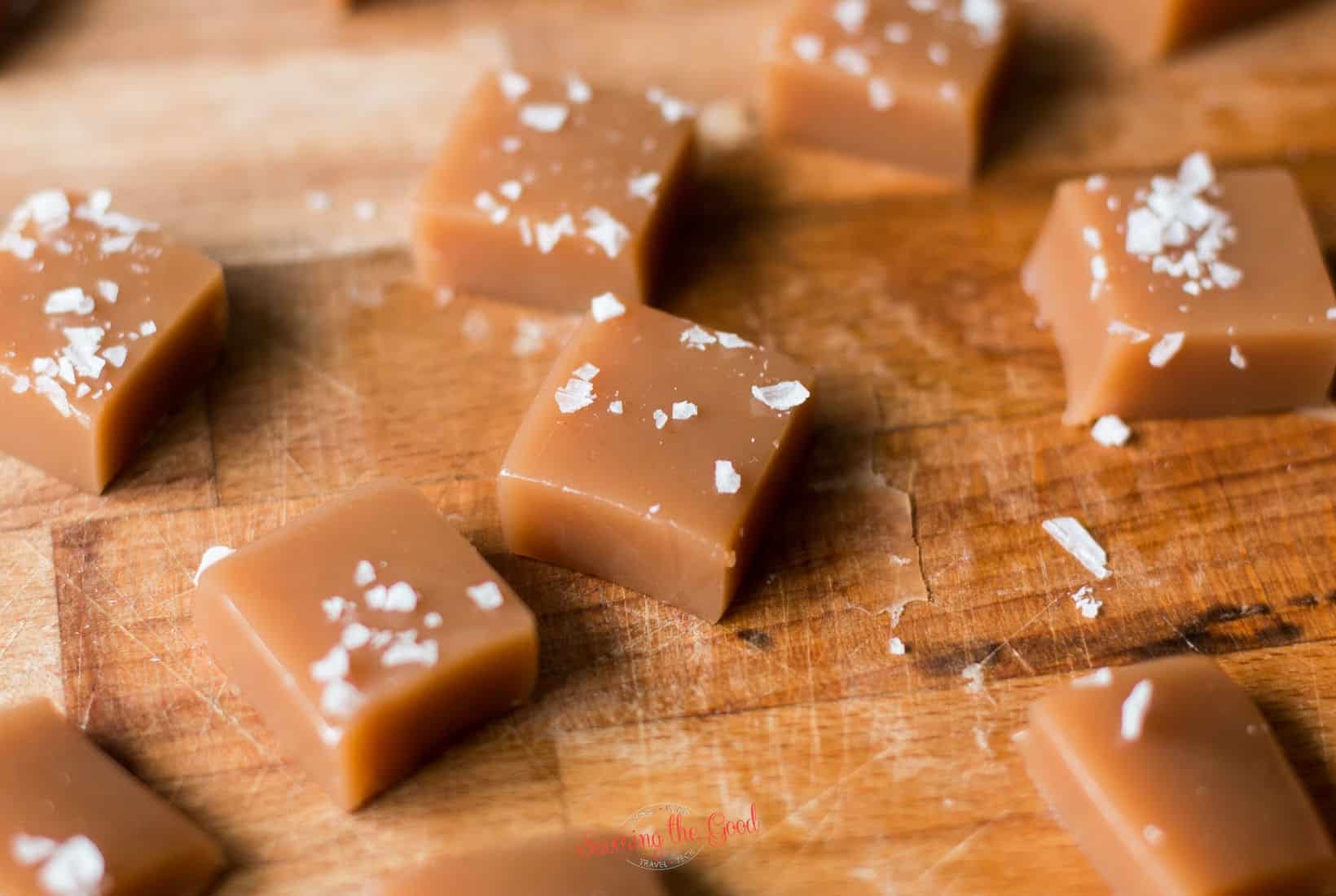 close shot of a square of salted caramel