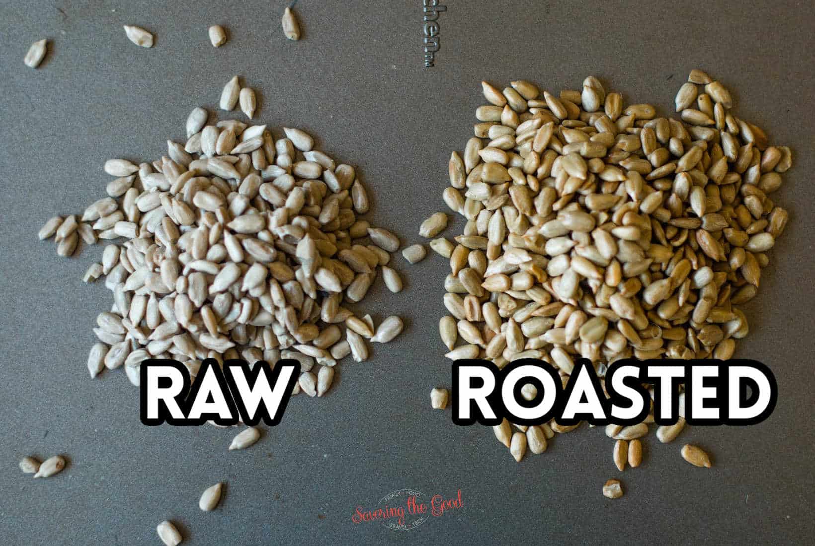 example of raw sunflower seeds vs roasted sunflower seeds with text overlay