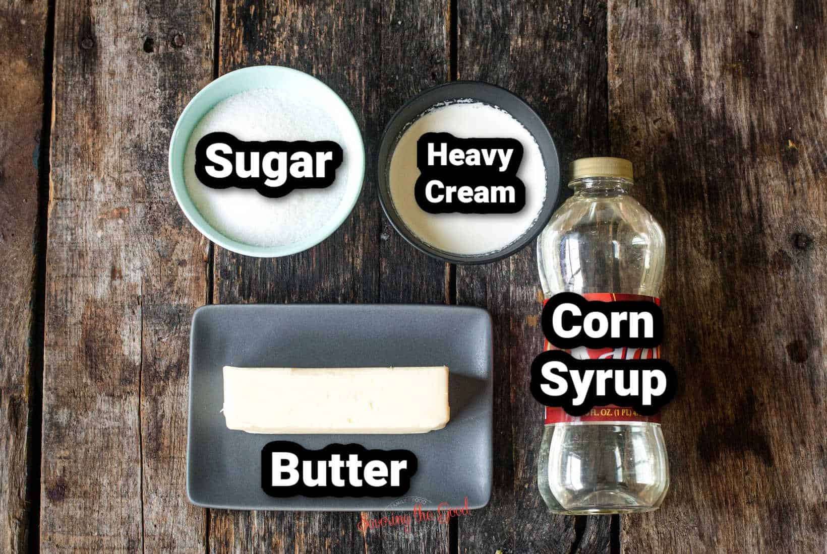 ingredients for soft caramels with text overlay
