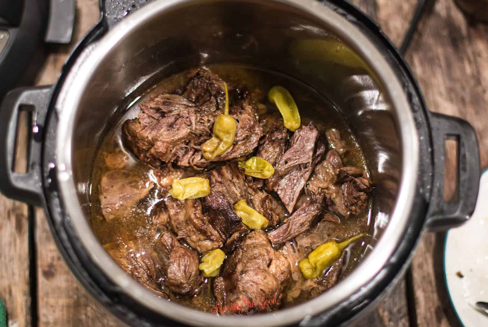 horizontal image of Mississippi Pot Roast (Instant Pot) in the pot