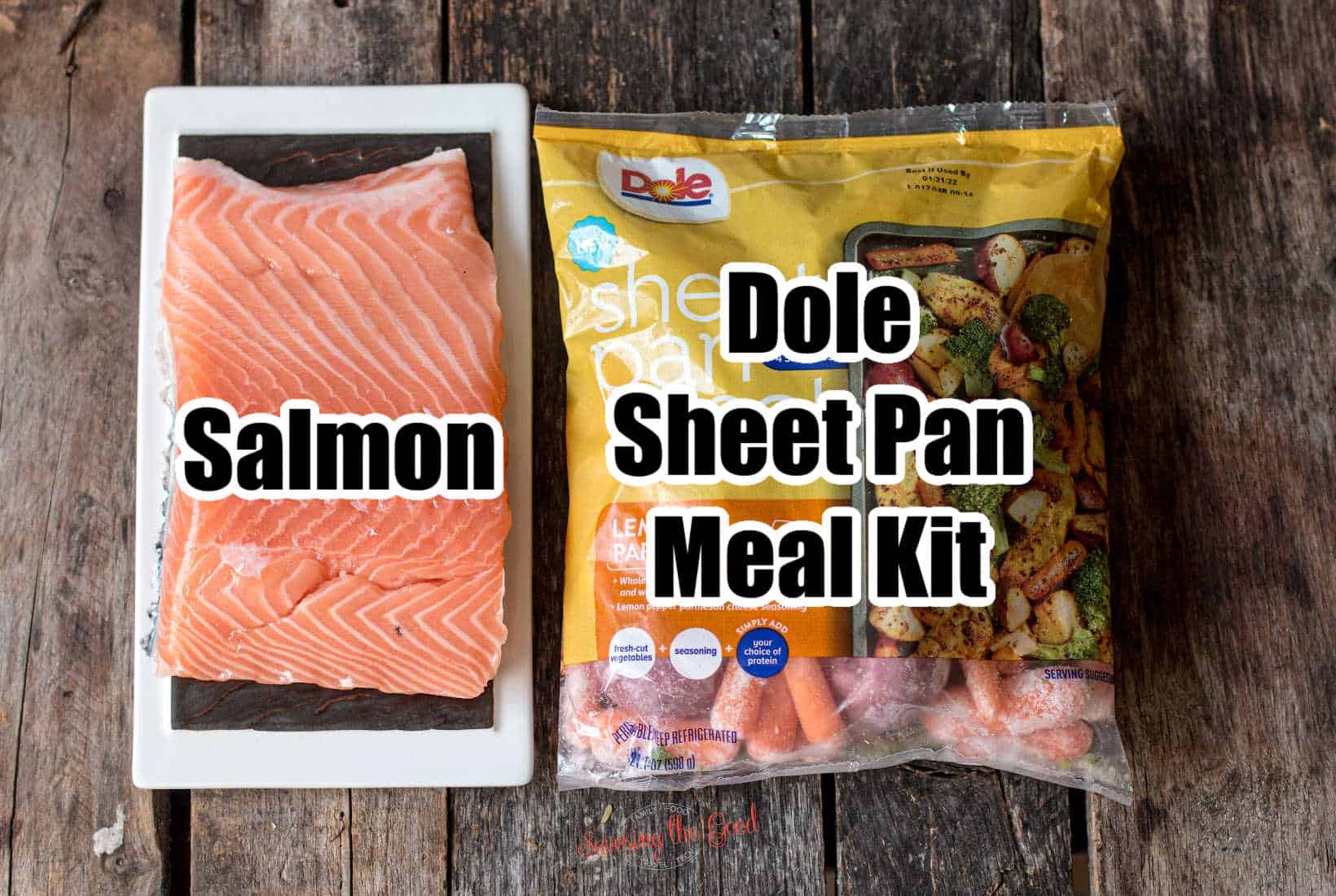ingredients needed to make salmon meal prep with a text overlay.