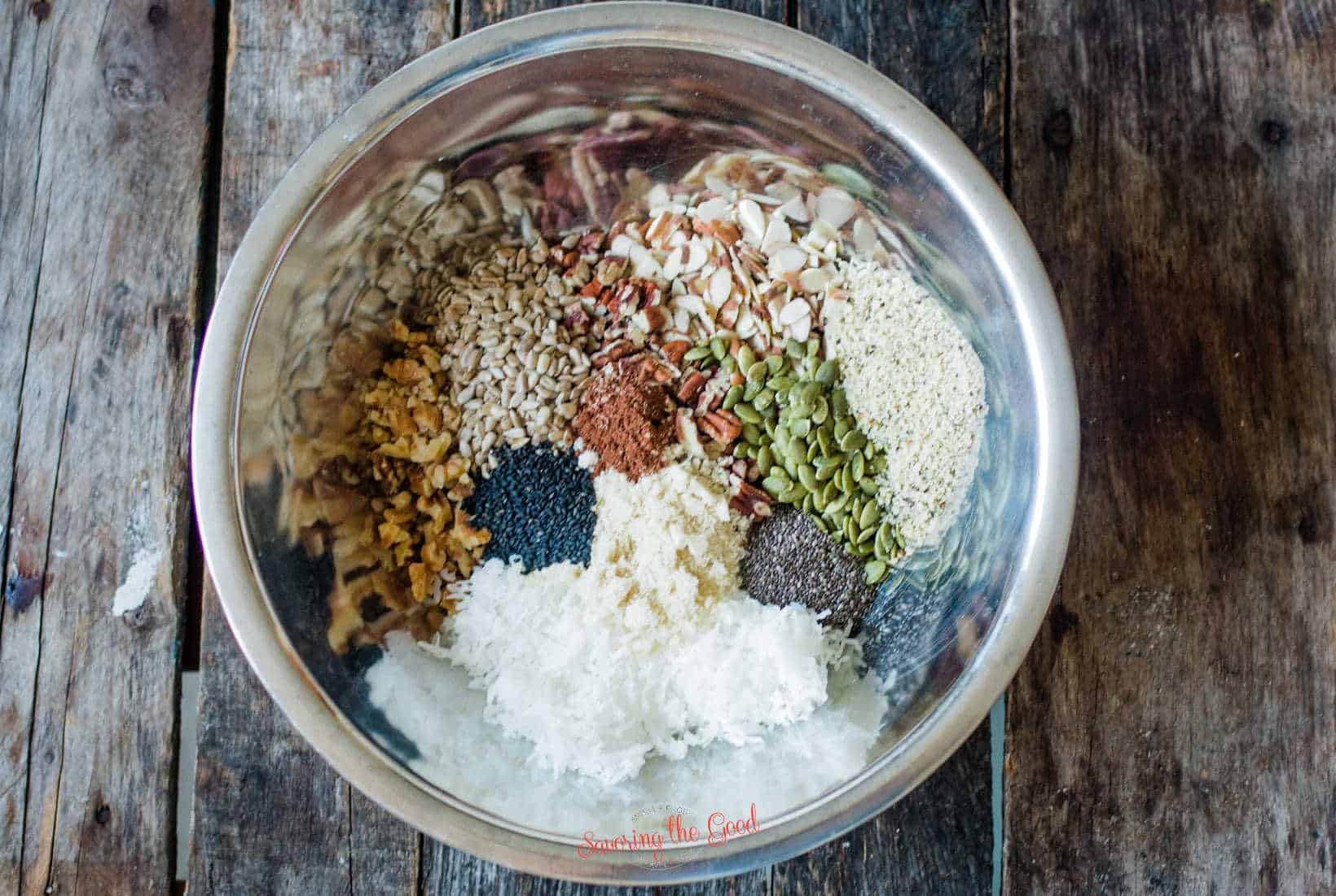 low carb granola ingredients in a bowl