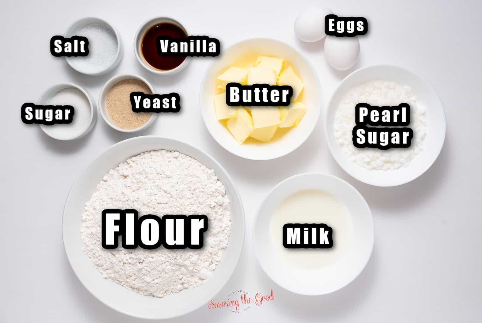 Belgian Waffle Recipe ingredients in bowls with text overlay.