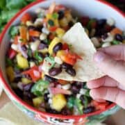 black bean corn salsa on a chip square