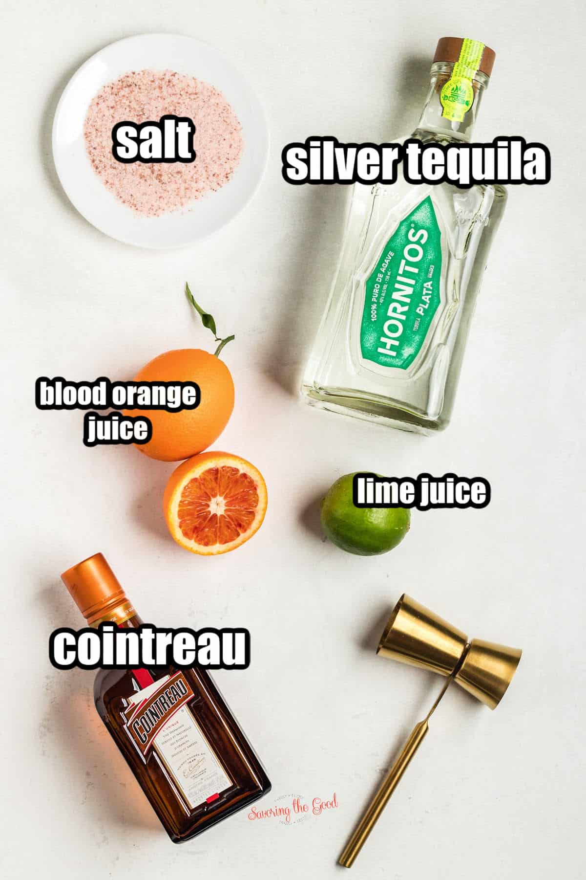 ingredients for Blood Orange Margarita with text overlay. salt, blood orange juice, cointreau, lime juice, silver tequila.