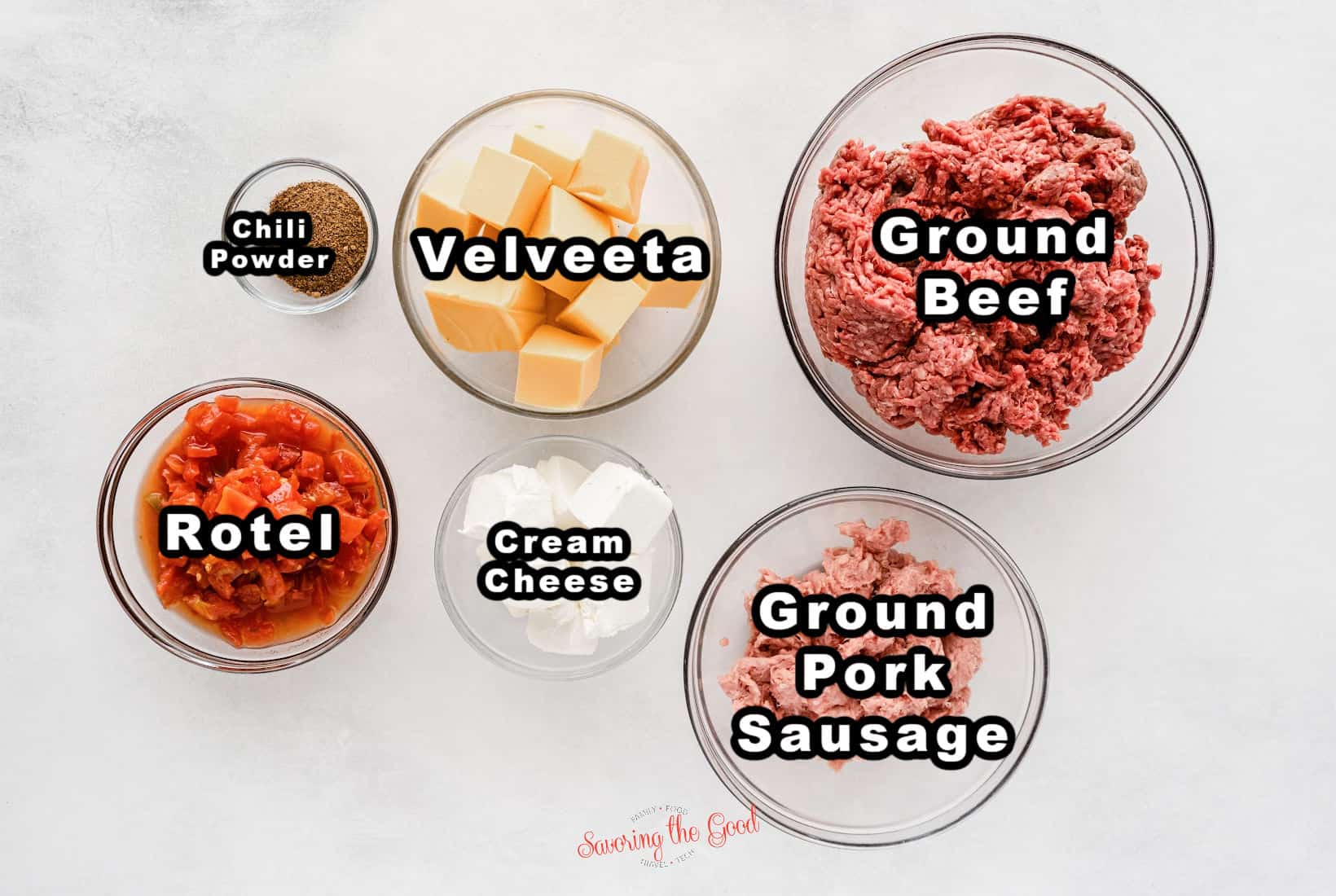 ingredients for rotel dip in glass bowls with text overlays. ground beeg, ground pork, velveeta, cream cheese, rotel, chili poweder.
