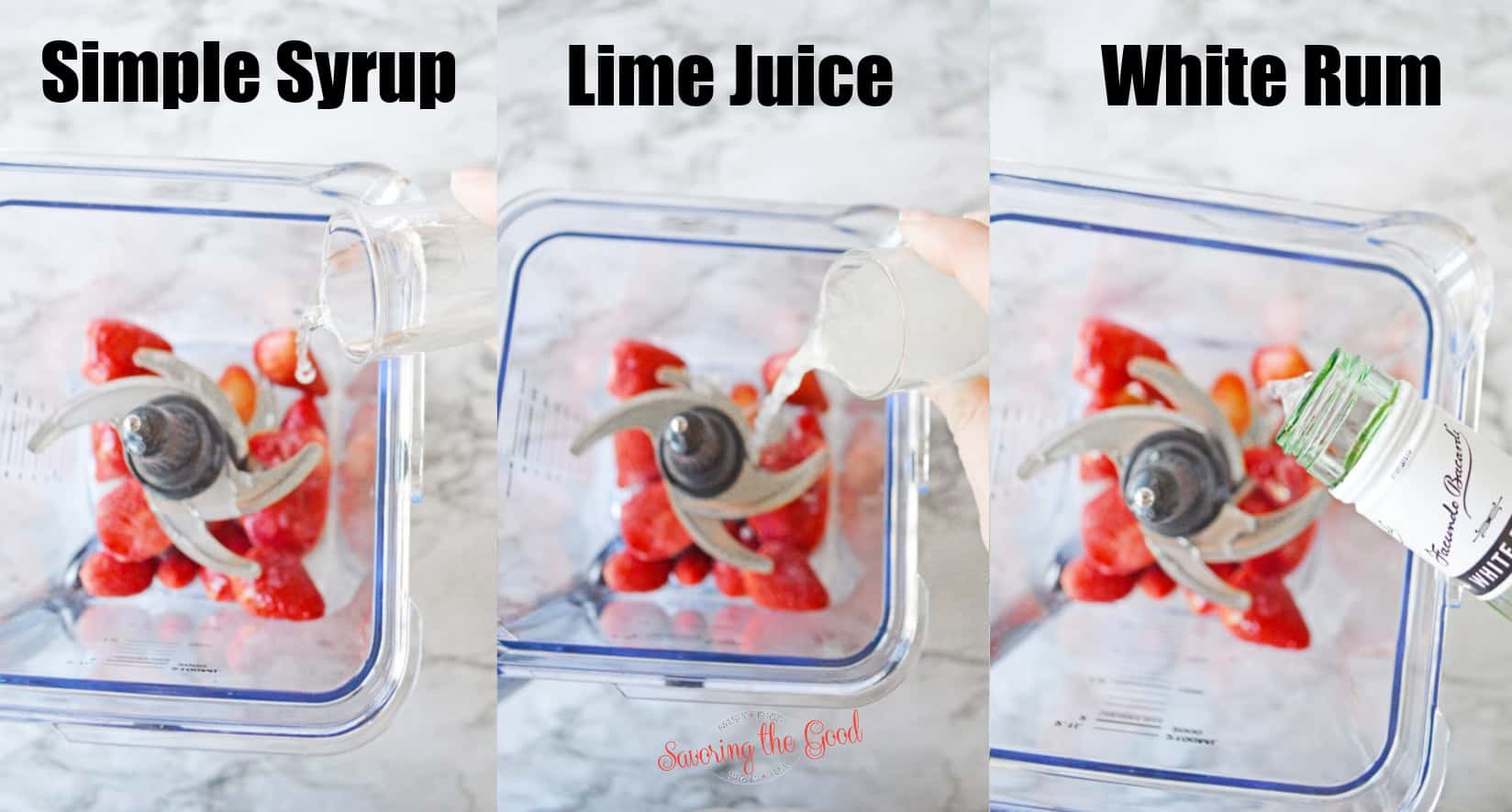 3 steps to make Strawberry Daiquiri. 3 images with text overlay.