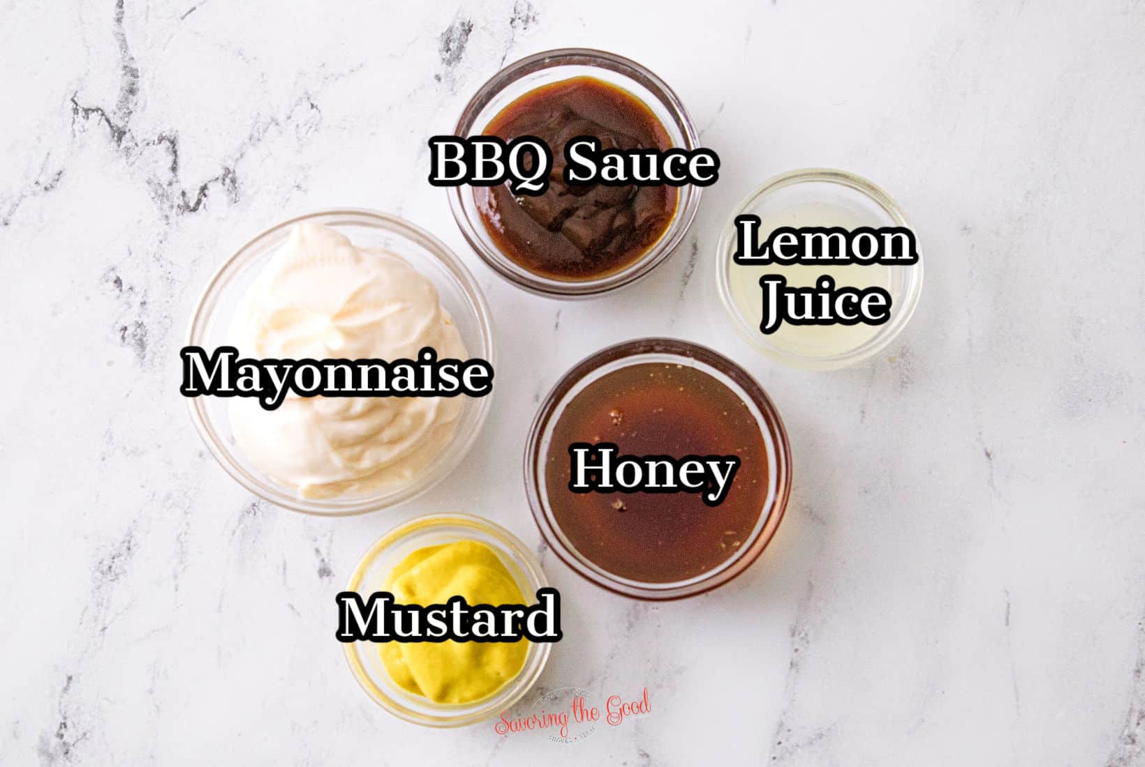 chick fil a sauce ingredients in bowls with text overlay labeling them. BBQ sauce, mayonnaise, mustard, honey, lemon juice.
