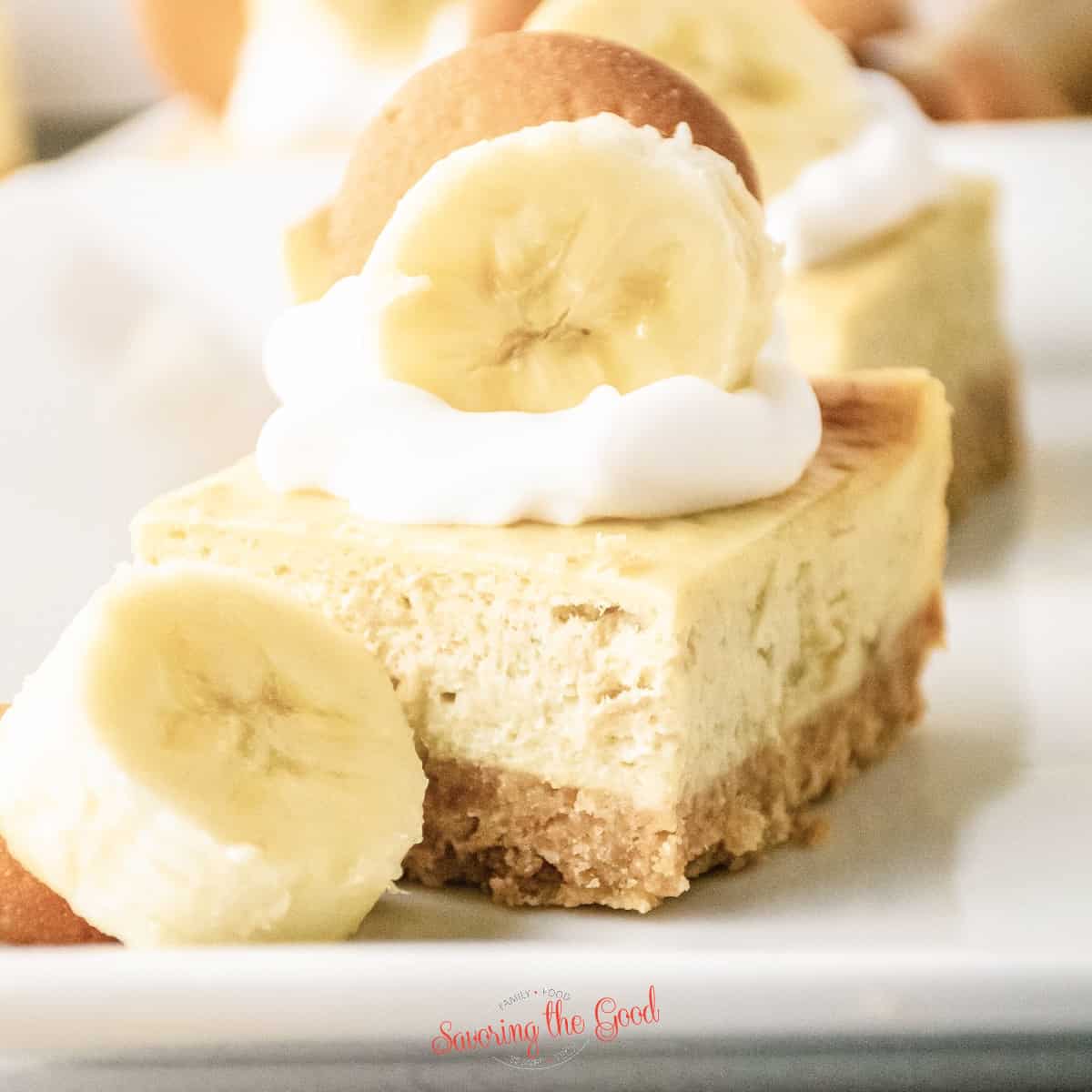 banana pudding cheesecake bar square on a serving plate, square shot.