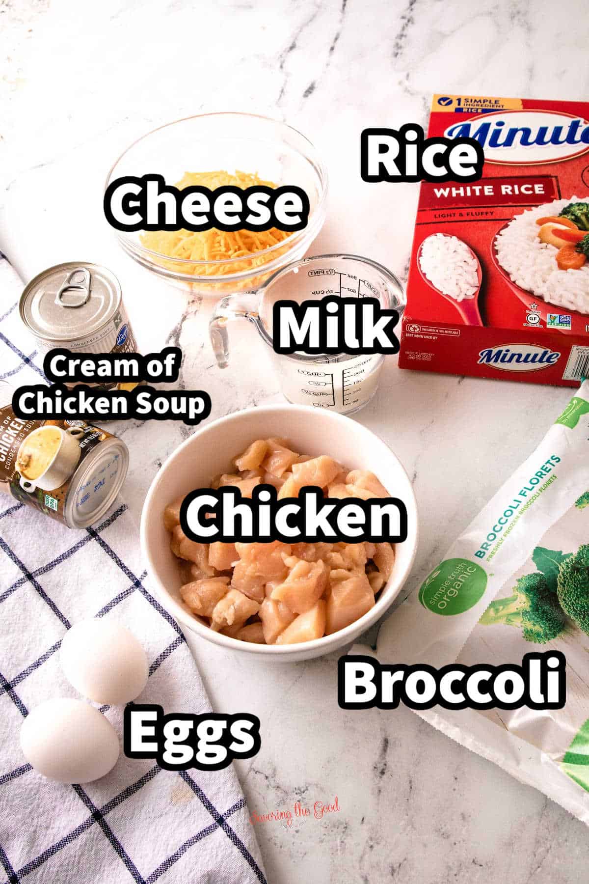 ingredients for chicken broccoli rice casserole, cheese, cream of chicken soup, raw chicken, eggs, broccoli, white rice with text overlay.
