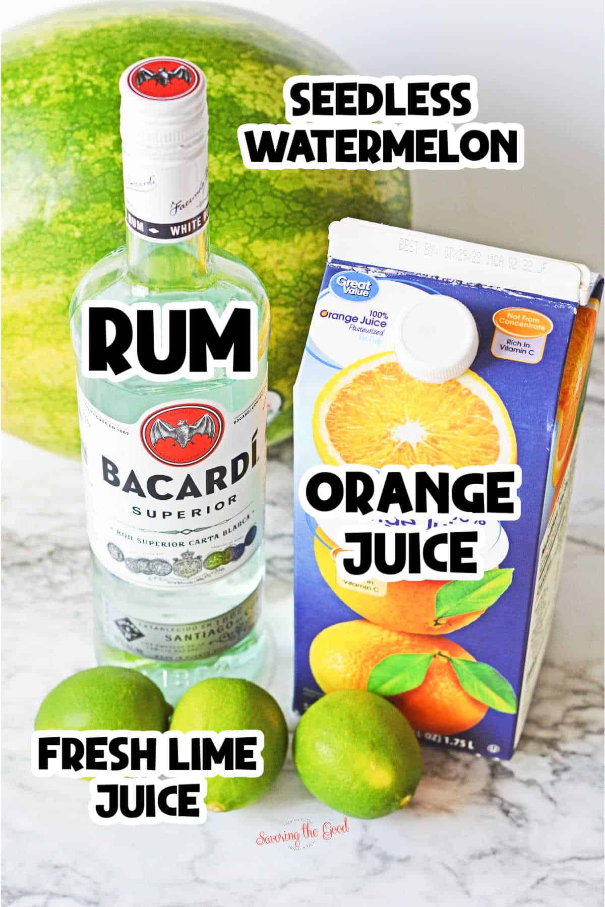 ingredients for Rum Punch with watermelon. bacardi rum, limes for fresh lime juice, orange juice, whole watermelon to be juiced.