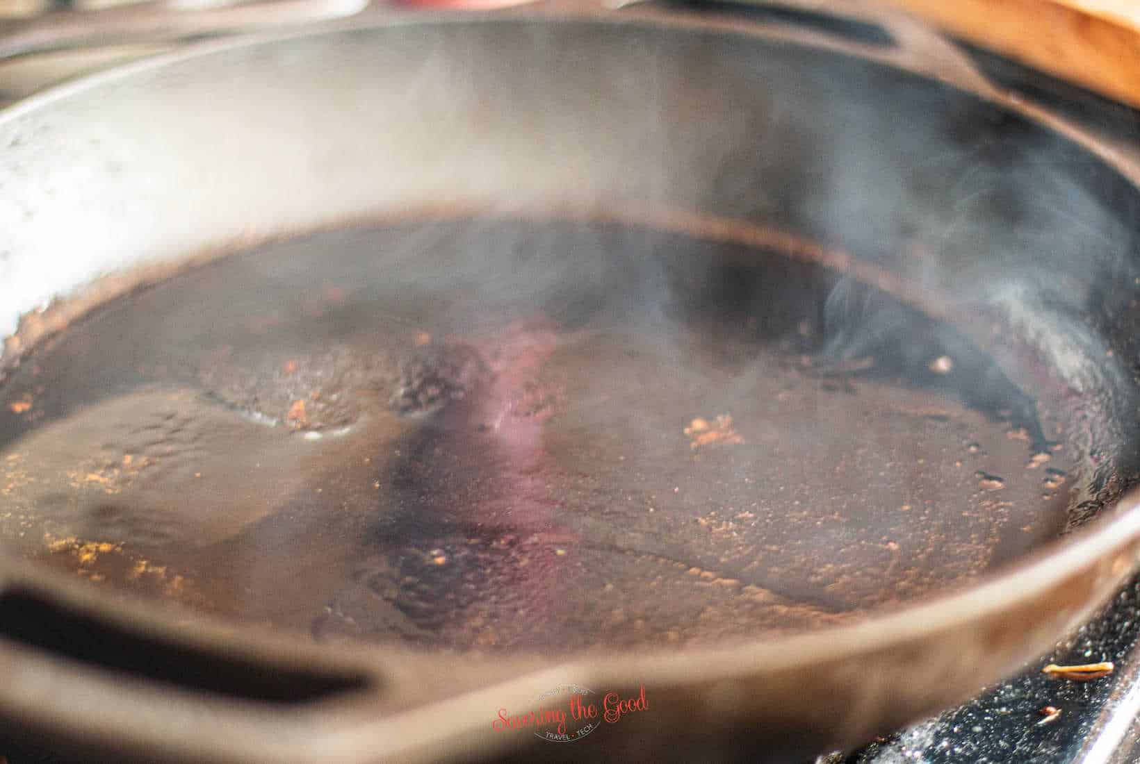a smoking hot cast iron pan.