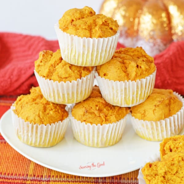 Pumpkin Muffins with Cake Mix stack of muffins.