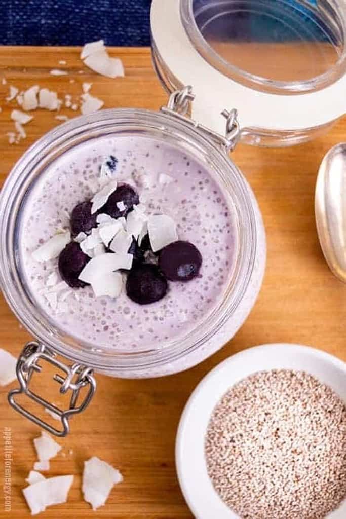 Blueberry Chia Seed Pudding with blueberry garnish.
