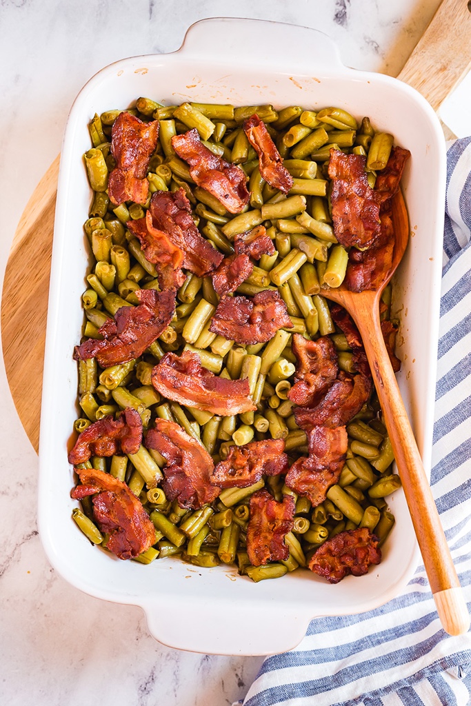 green bean casserole with soy, brown sugar, garlic paste and crispy bacon.