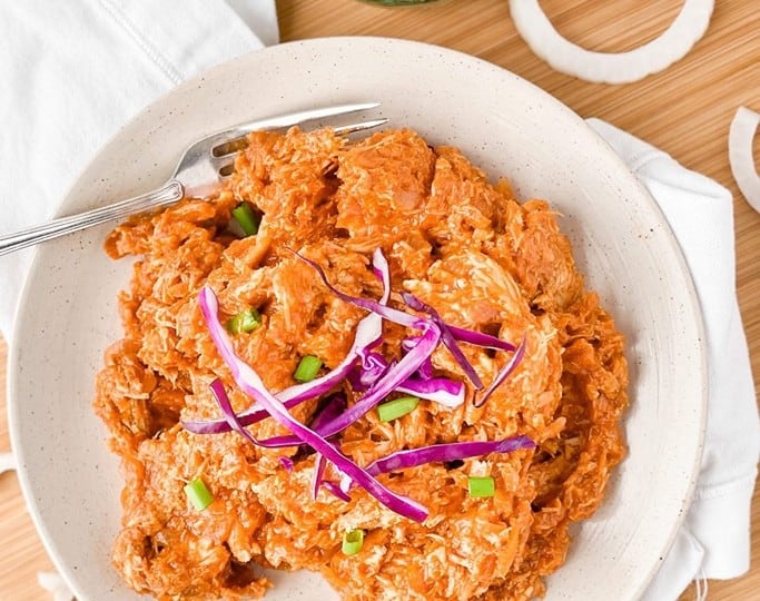 A plate of BBQ pulled pork from the finest pork loin recipes, garnished with sliced green onions and red cabbage, accompanied by a jar of pickles and sliced onion on a wooden board.