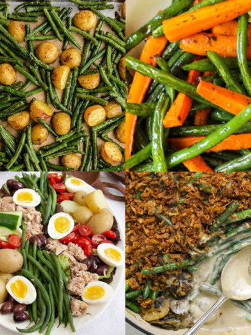 A collage of pictures of green beans, potatoes and eggs.