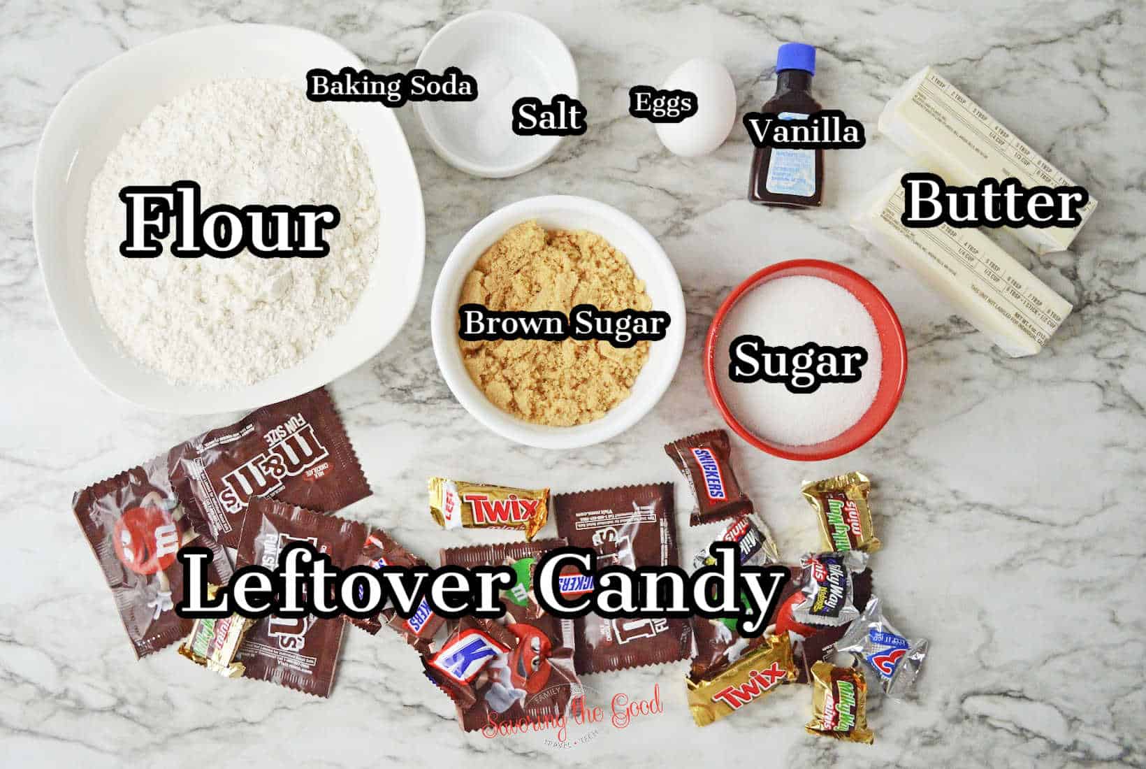 candy cookie ingredients in bowls with text overlays.