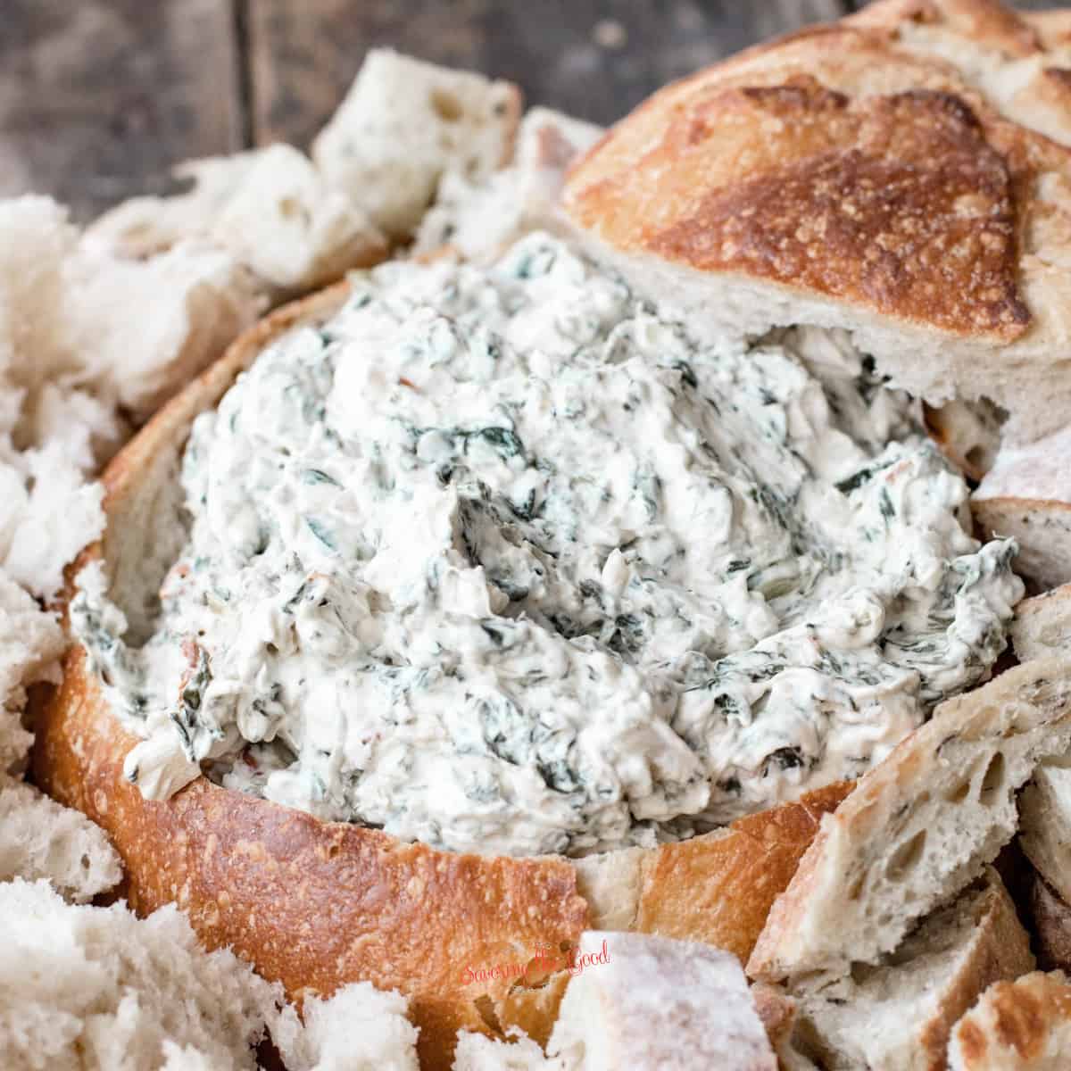 knorr spinach dip in a bread bowl.