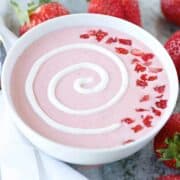 strawberry soup in a white bowl.
