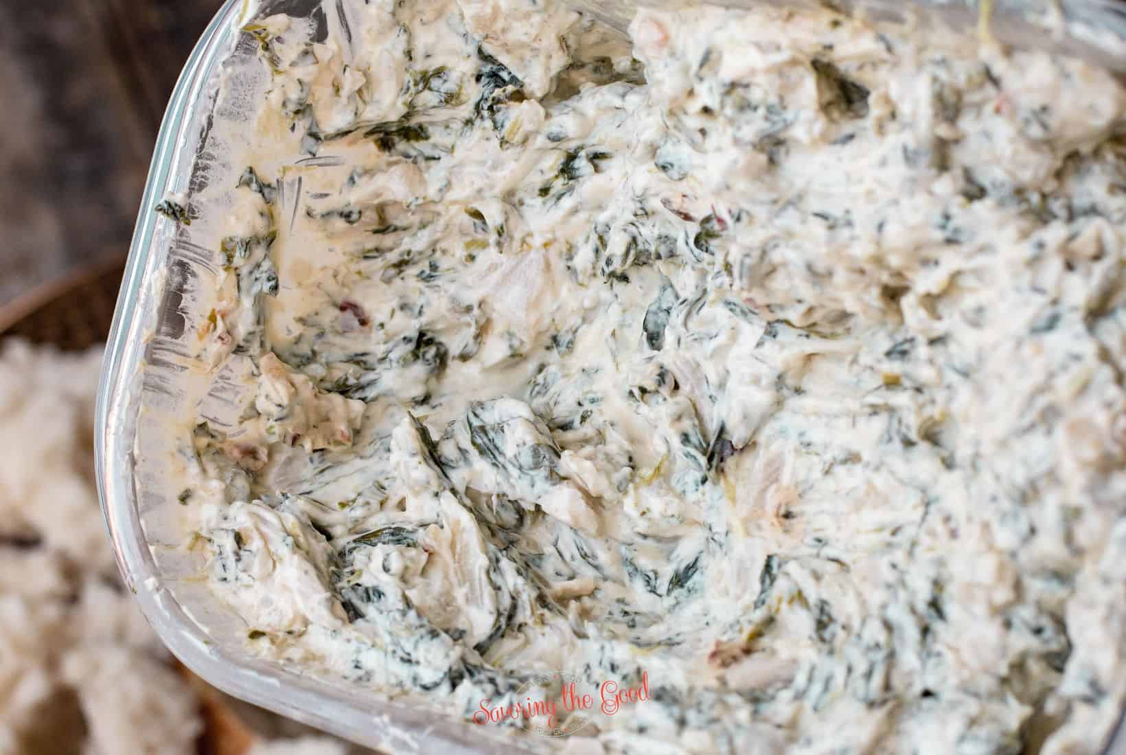 tight shot of Knorr Spinach Dip showing how the dip weeps.