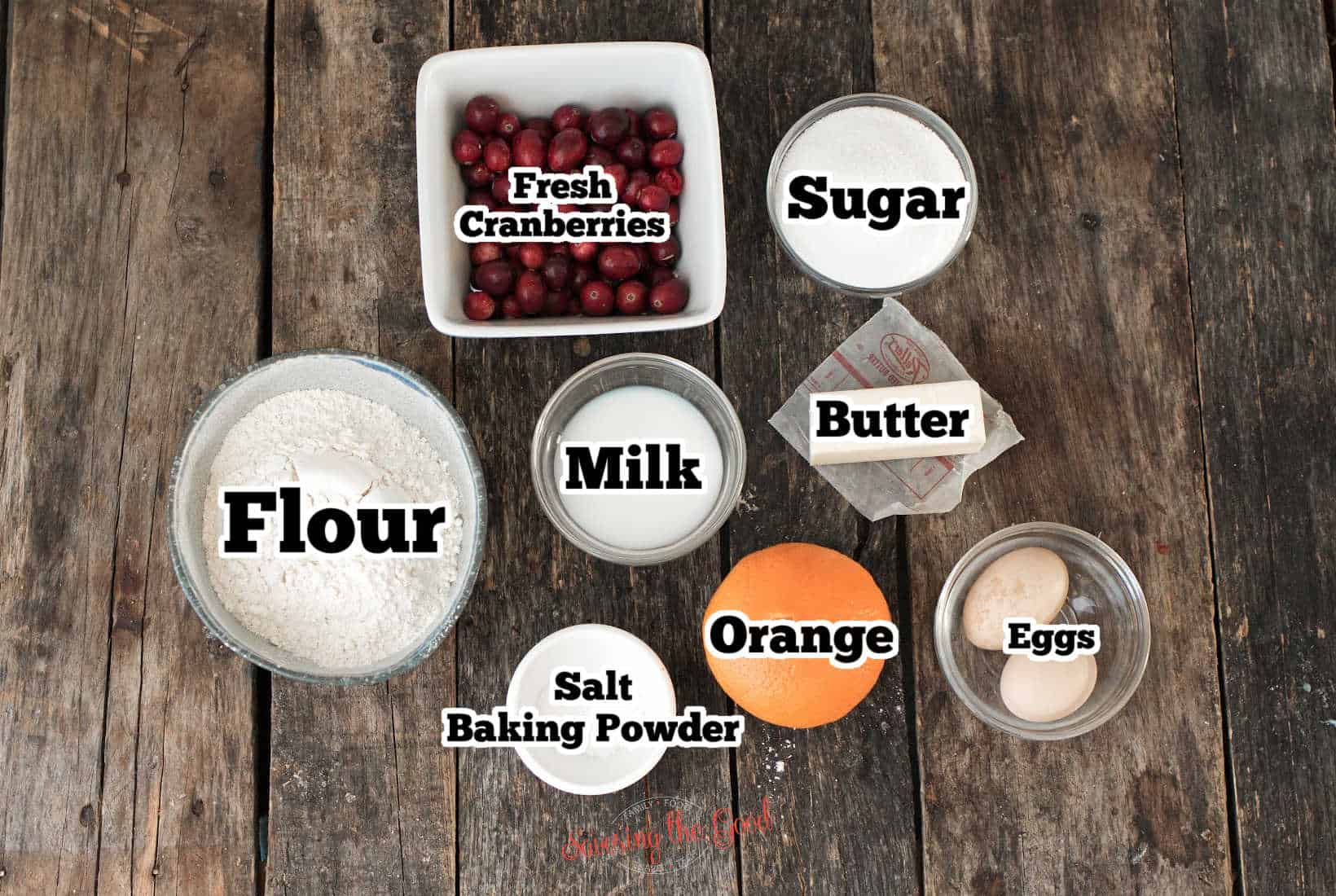 cranberry bread ingredients with text overlay.