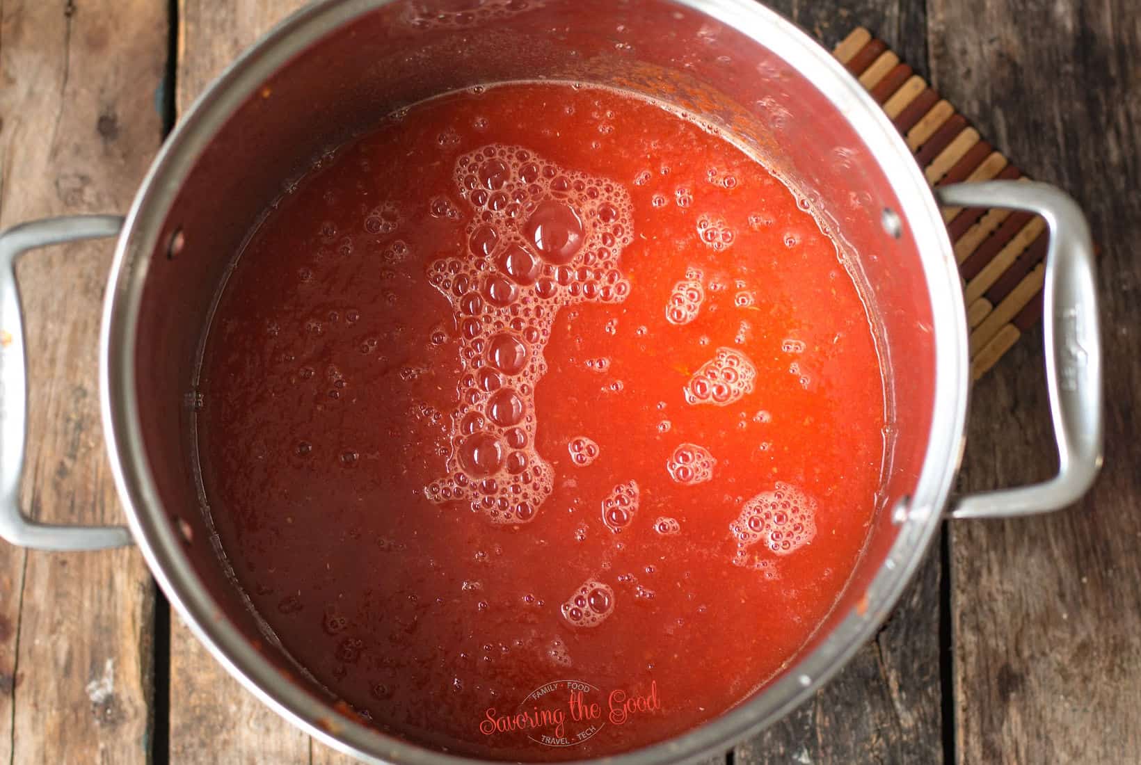 tomato sauce in a pot.
