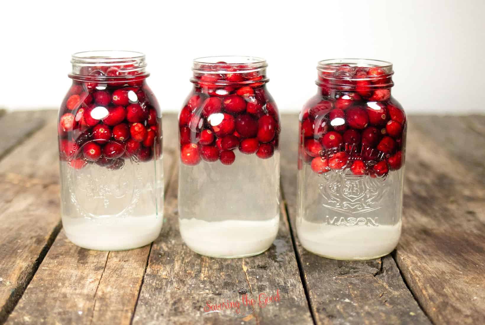 3 fresh cranberry juice ingredients in jars, before lids added.