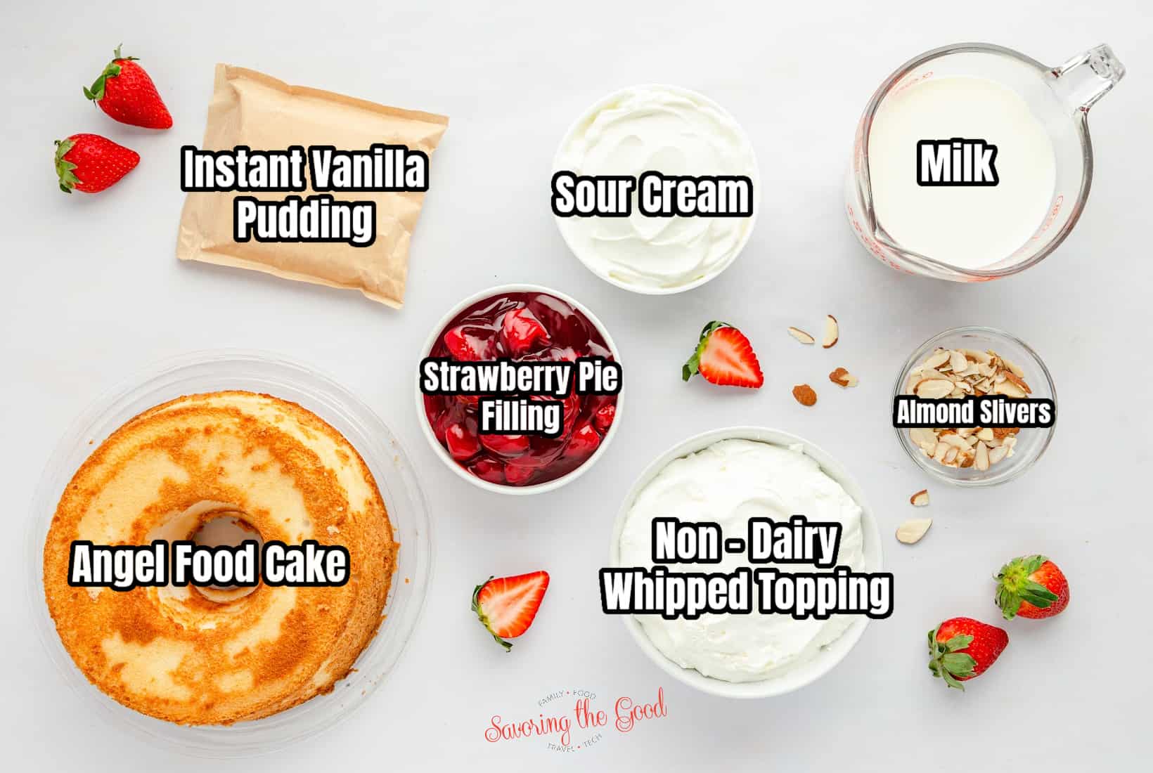 Heaven On Earth Cake ingredients with text overlay labeling each one. vanilla pudding, sour cream, milk, strawberry pie filling, angel food cake, non dairy whipped topping almonds, slivered.