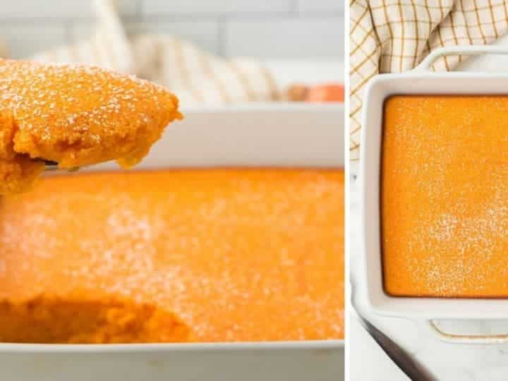 A baking dish holds a square carrot souffle, perfect as an elegant side for lamb chops. One piece is being lifted with a spatula, revealing its soft texture. The top is lightly dusted with powdered sugar for a touch of sweetness.