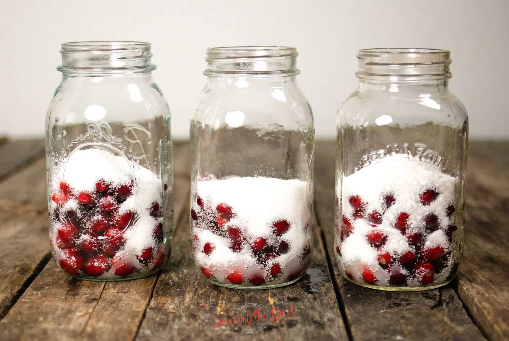 sugar covering fresh cranberries in clear quart jars.