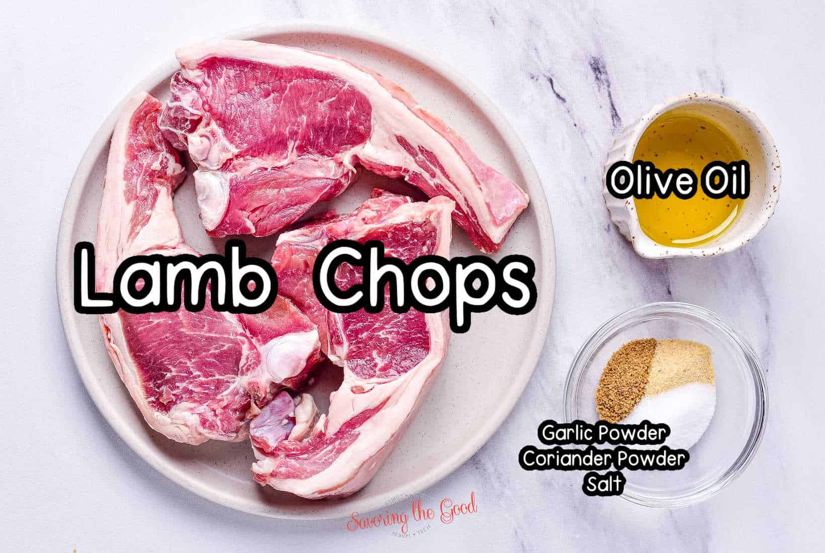 air fryer lamb chops ingredients on plates and bowls with text overlay labeling each item.