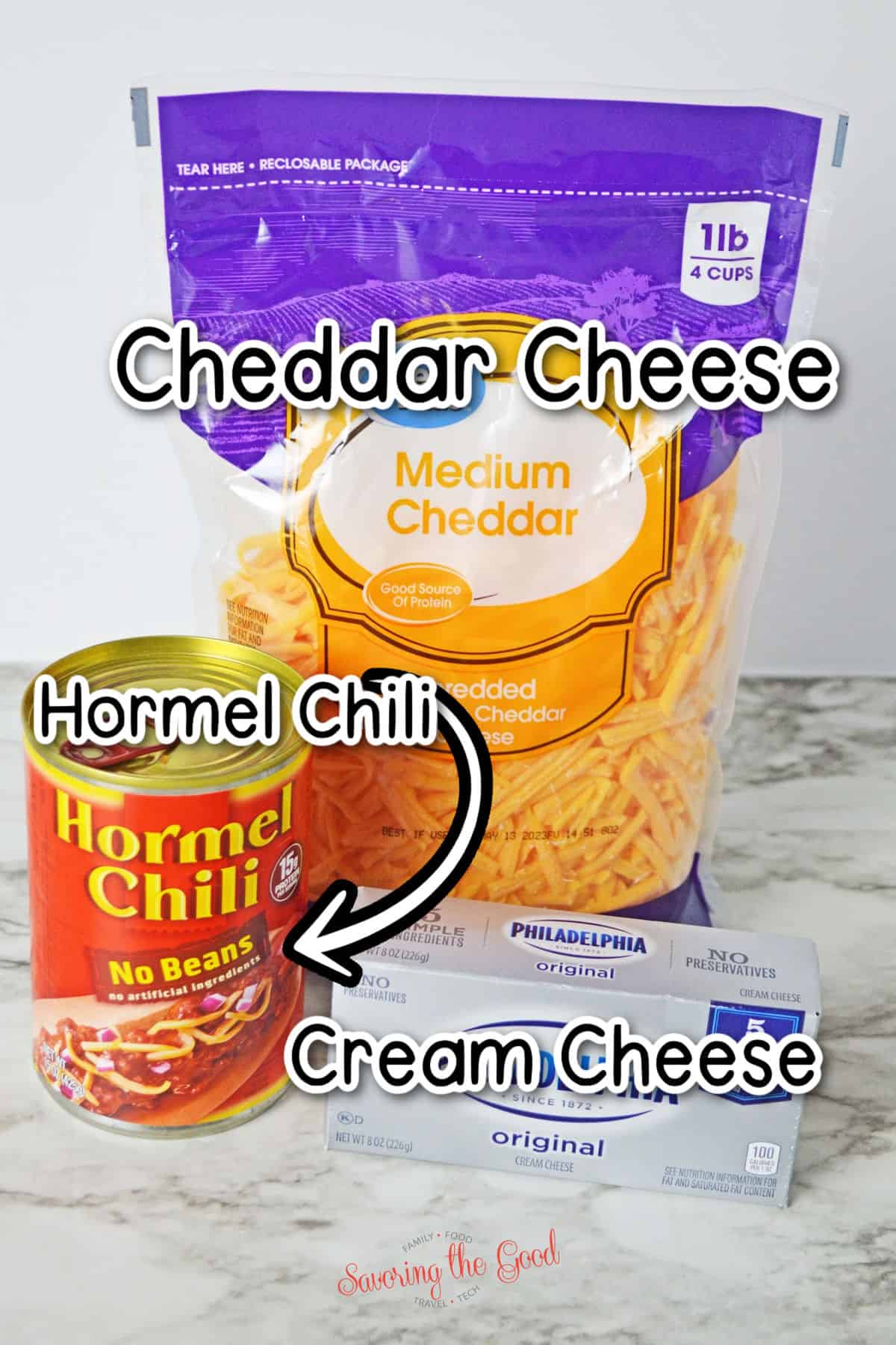 chili cheese dip ingredients, hormel chili, cream cheese, cheddar cheese with text overlay.