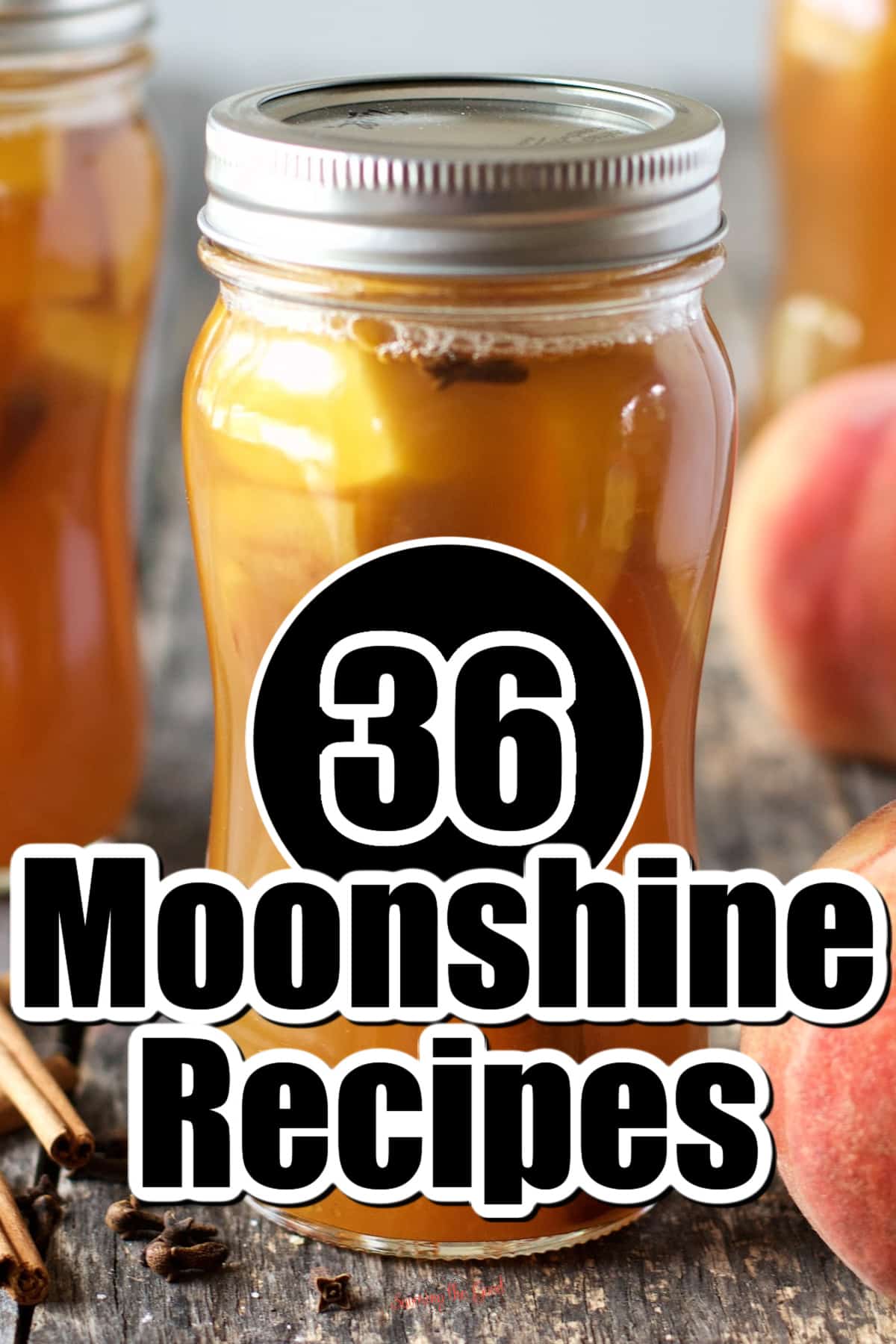 tight shot of peach moonshine in a clear jar 'moon shine recipes' in text over the image.