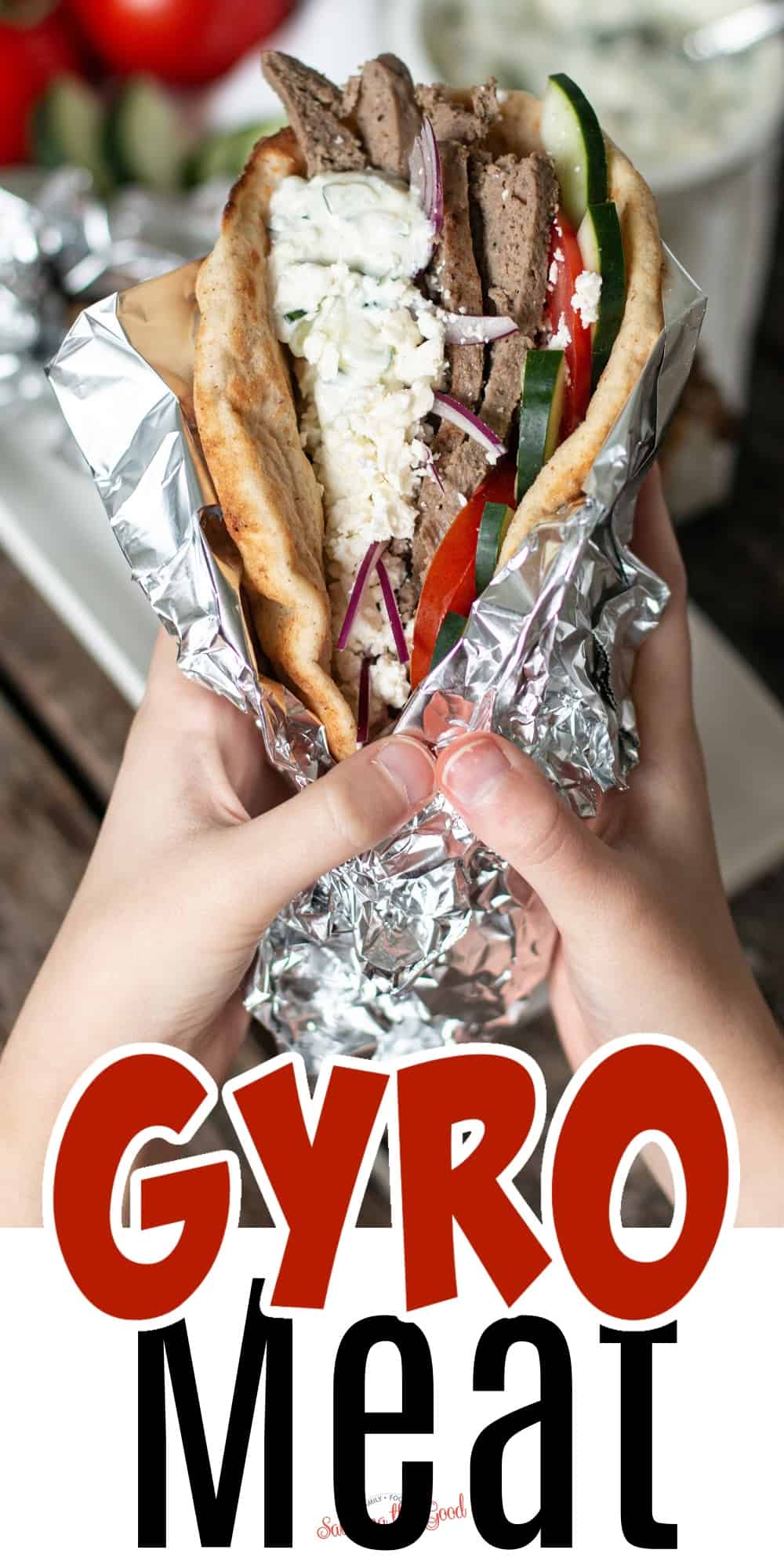 gyro meat in a sandwich with text overlay for pinterest.