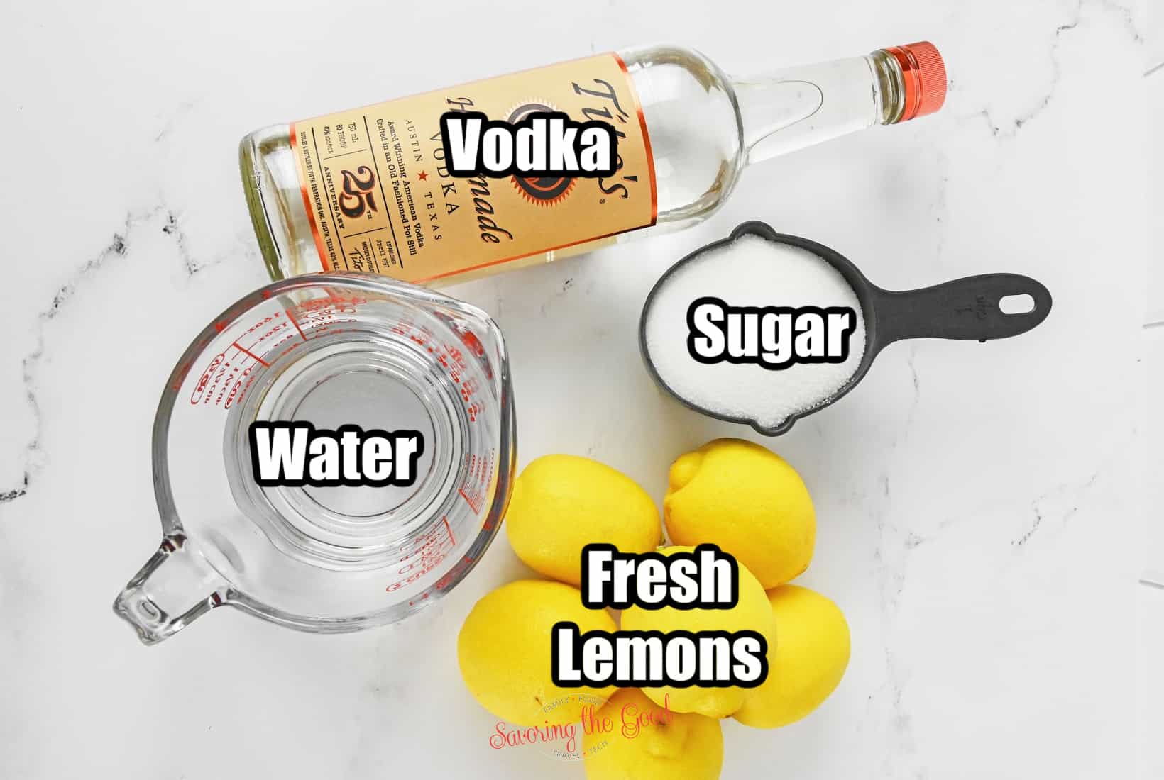 frozen lemonade with vodka ingredients with text overlays, vodka, sugar, water, fresh lemons.