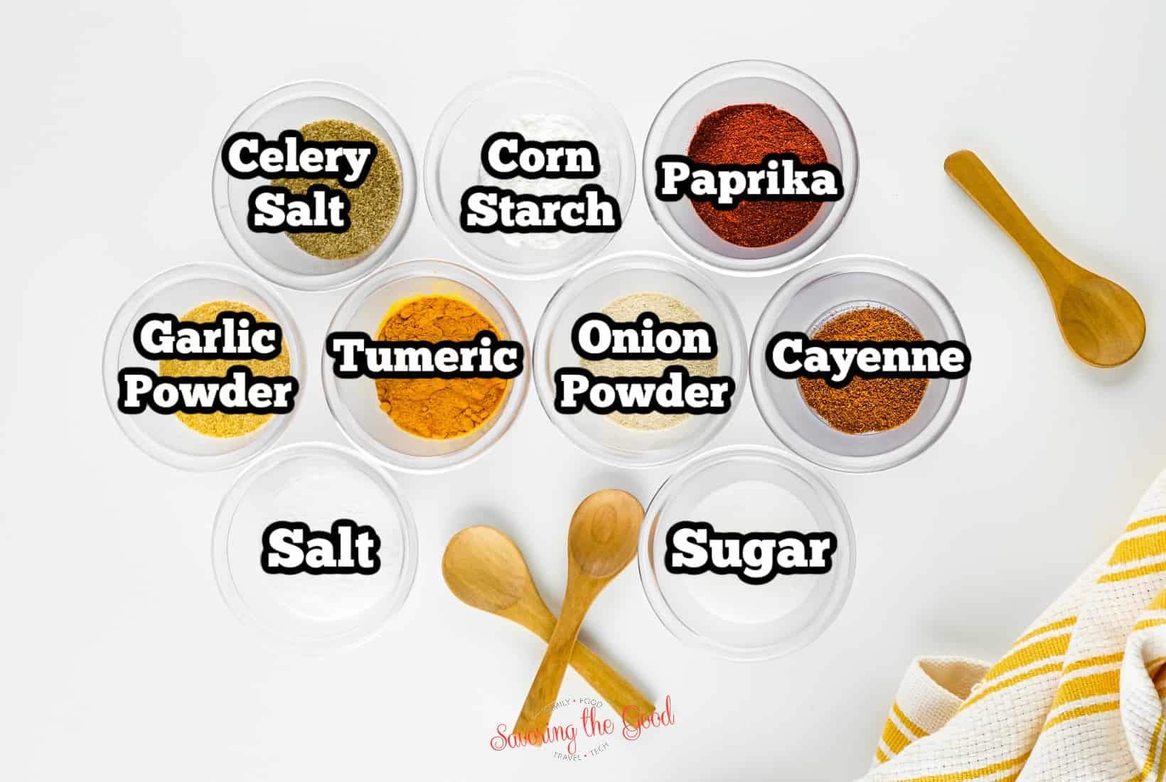 seasoned salt ingredients in clear bowls, top down image with texe overlay labeling the bowls.