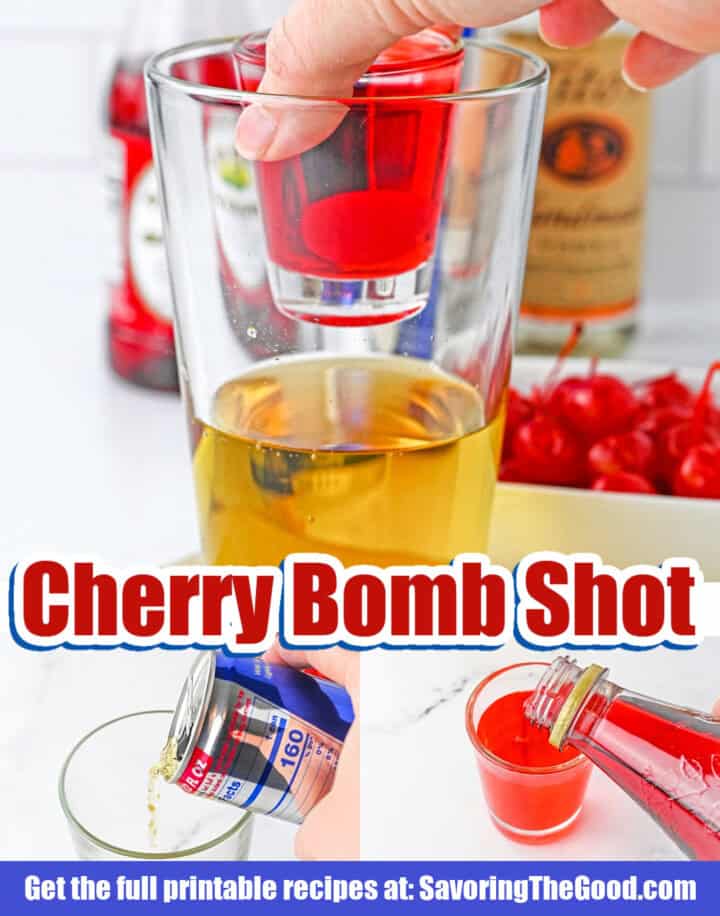 A hand drops a red shot glass into a larger glass of golden liquid, crafting the perfect cherry bomb shot recipe. Nearby are a can, a bottle, and a bowl of cherries. Text reads: "Cherry Bomb Shot.