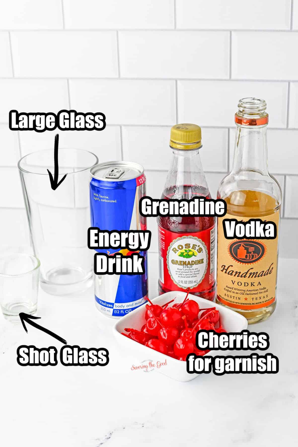 ingredients to make a cherry bomb shot cocktail energy drink, frenadine, vodka, cherries for garnish a large glass and a shot glass. all with text overlays.