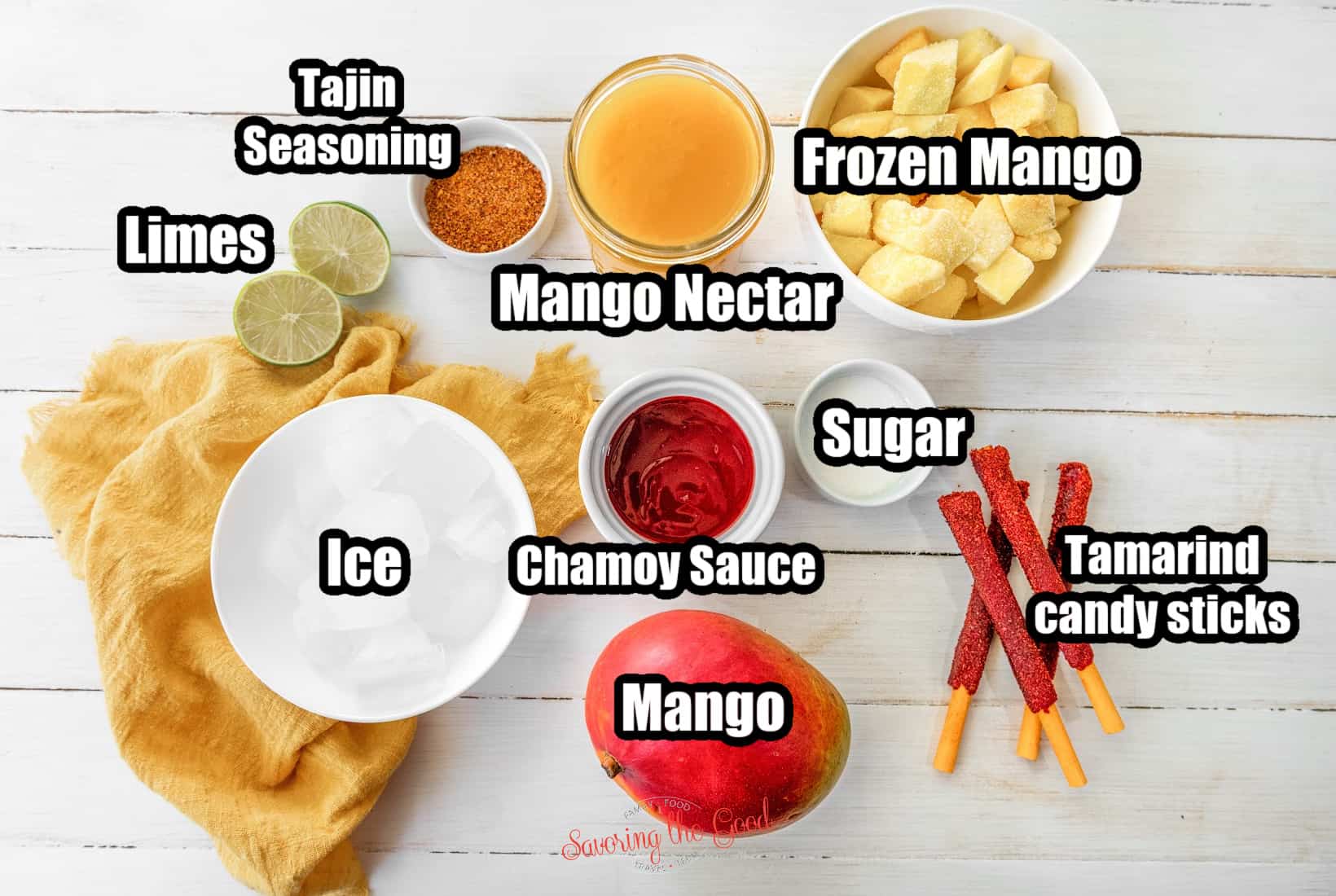 Mangonada Recipe (Mango Chamoyada) ingredients with text overlay, ice, mango, mango nectar, sugar, limes, frozen mangos.