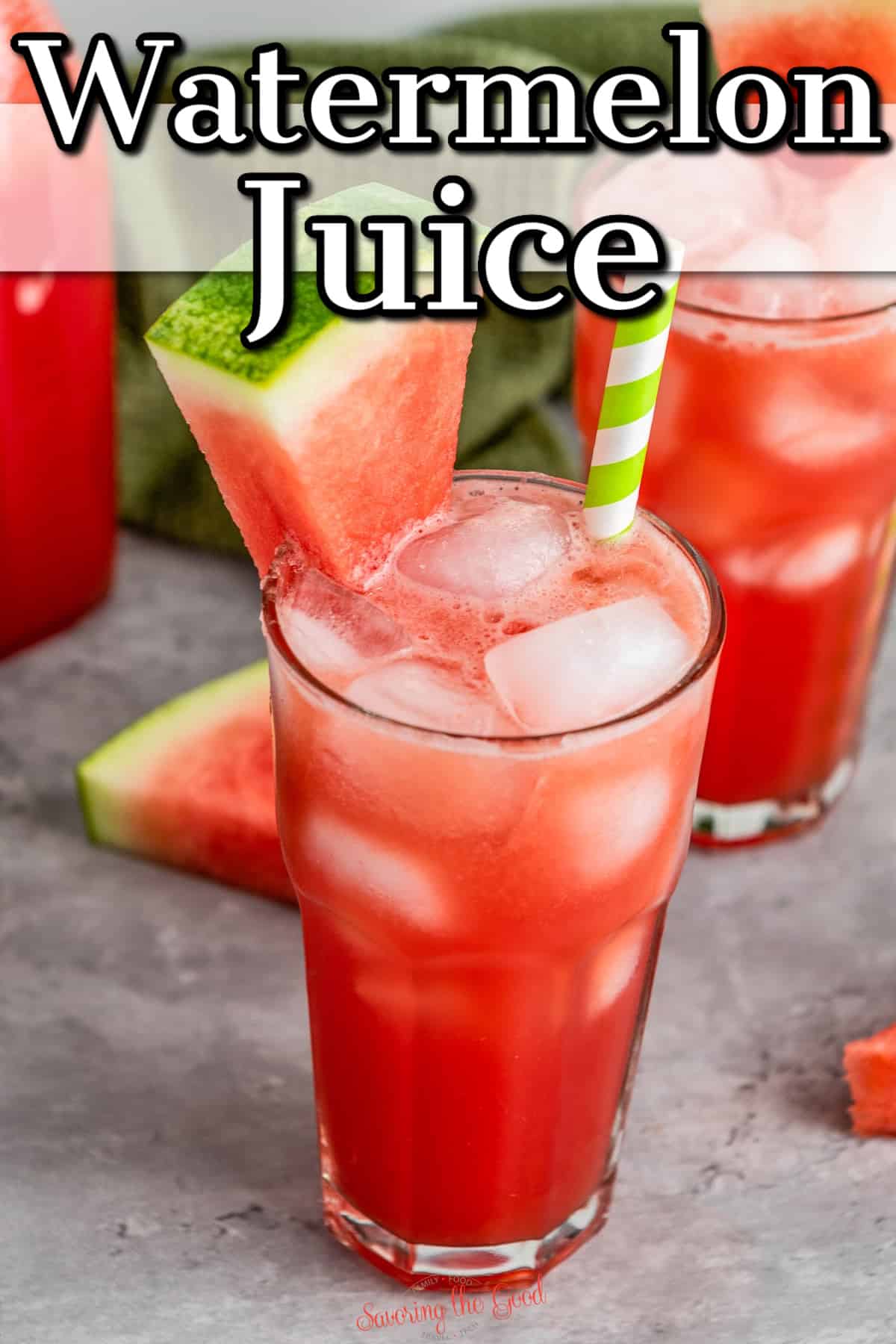 Watermelon juice with a straw and a slice of watermelon.