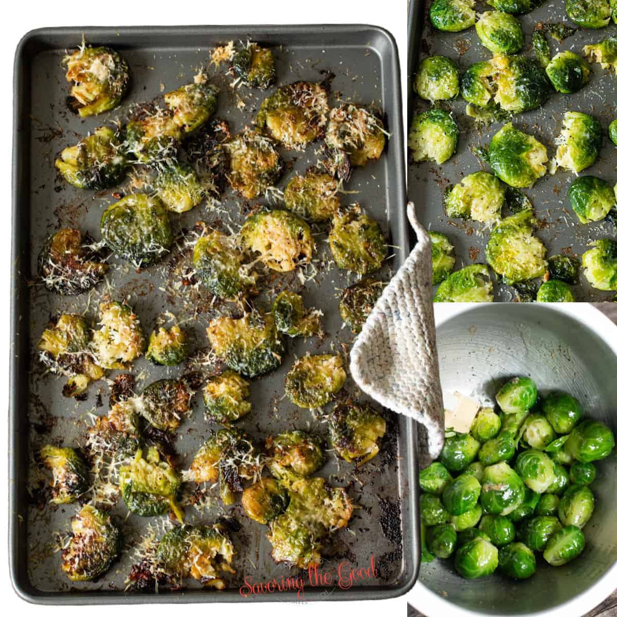 Roasted smashed brussels sprouts on a baking sheet.