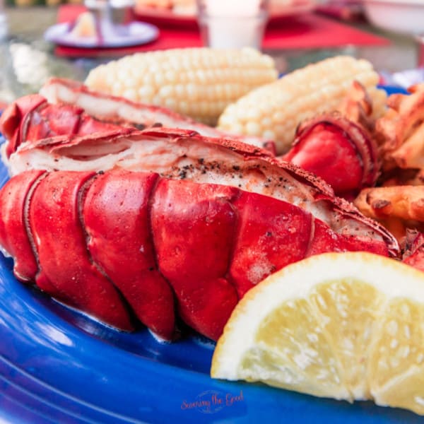 A blue plate with lobster and corn on it.