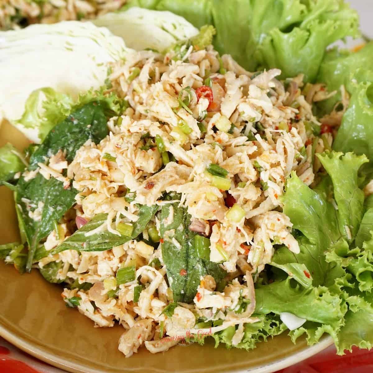 Thai chicken salad made with canned chicken on a plate with lettuce.