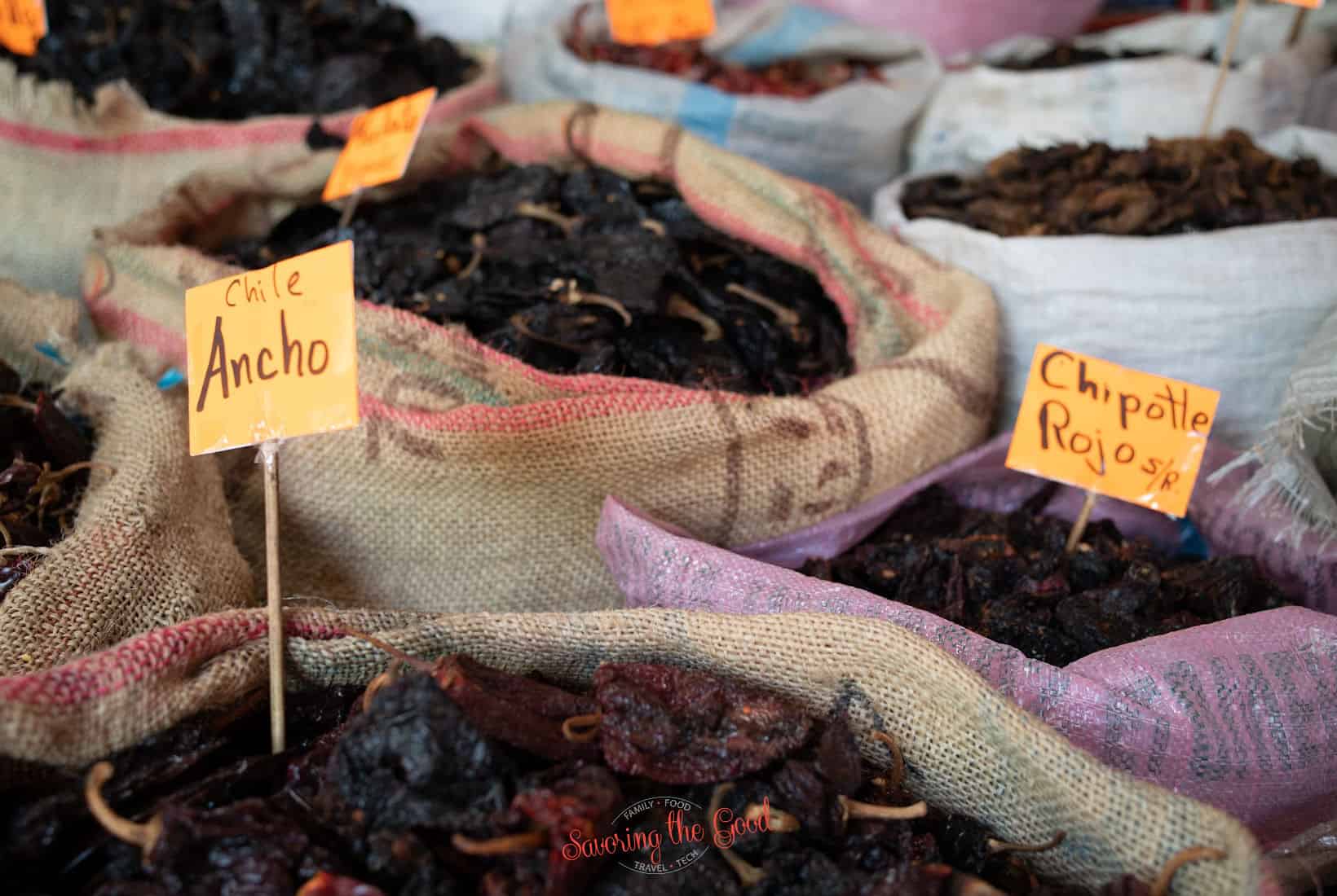 Dried ancho chili peppers at a market in Mexico City.